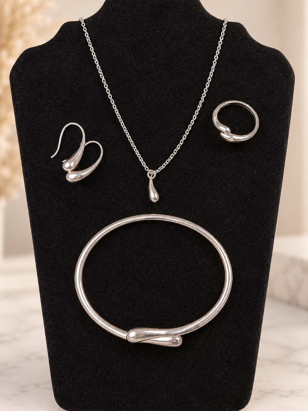 Sterling Silver Tear Drop Necklace, Bracelet, Earring and Ring Set